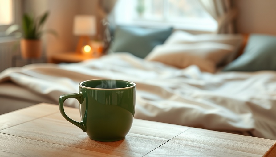 Green mug on table with cozy bed, morning atmosphere.