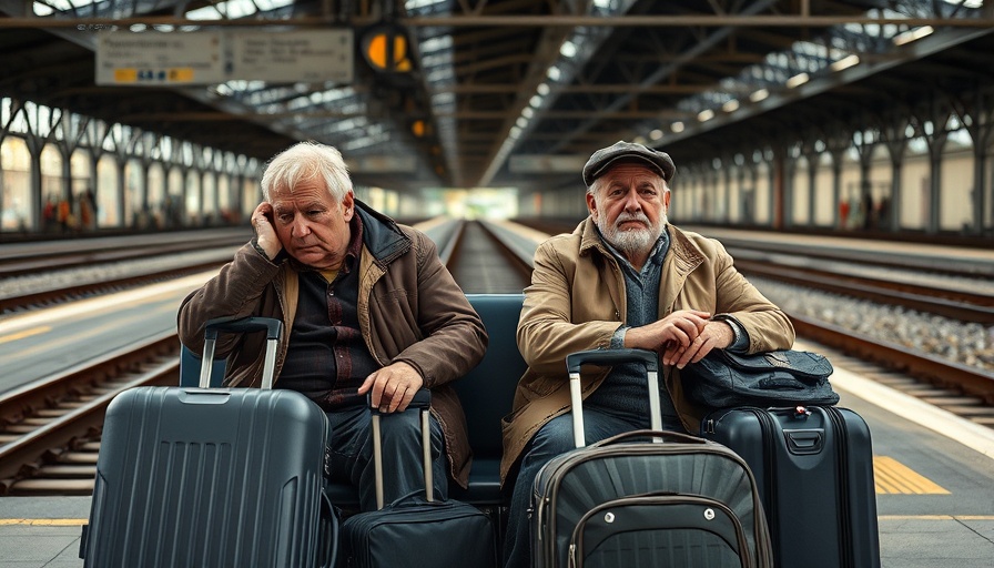 Travel Follies: Older couple tired at a train station with luggage.
