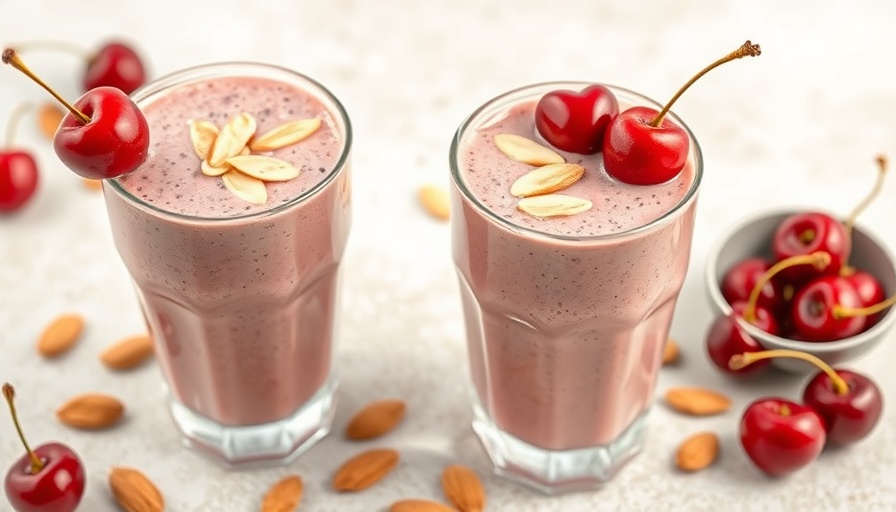 Almond cherry smoothie topped with cherries and almonds.