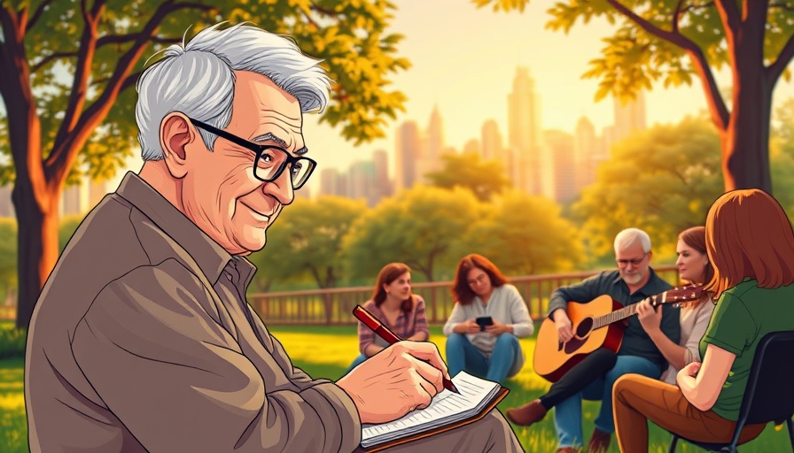 Elderly man writing in park, meaningful life depicted in cartoon.