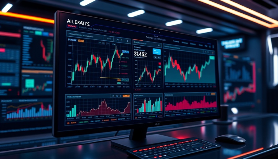 Futuristic AI trading software interface with dynamic charts