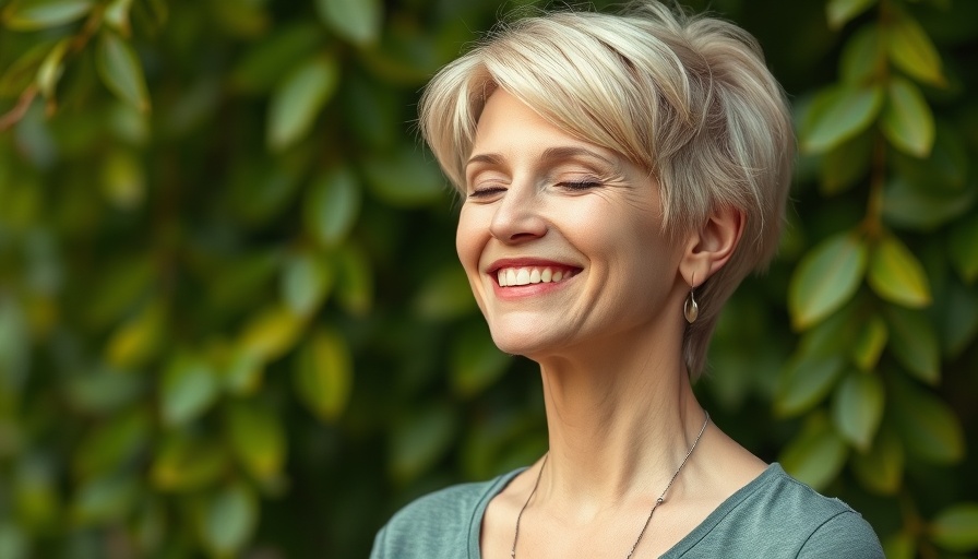 Meditation image featuring a smiling woman, soundwaves, 12-minute meditation.