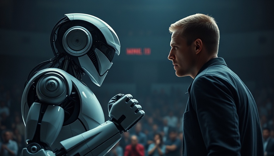 Humanoid robot facing off against human in dramatic arena battle.