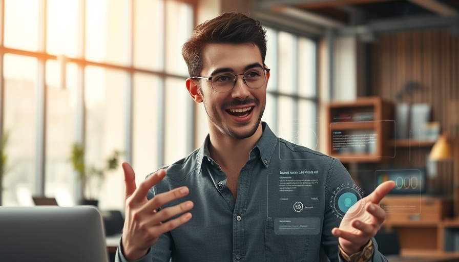 Young man explaining chat features with dynamic tech interface, ChatGPT Upgrade Enhancements.