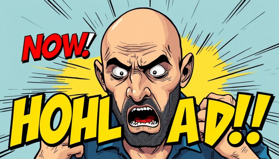 Distressed bald man shocked by bold text overlay, comic-style image.