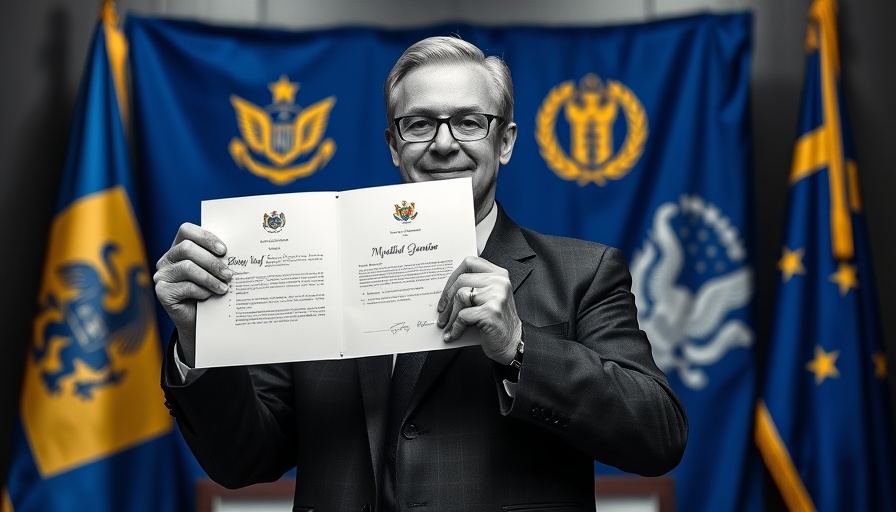 High-contrast monochrome image of a person holding a signed document, flags in background.