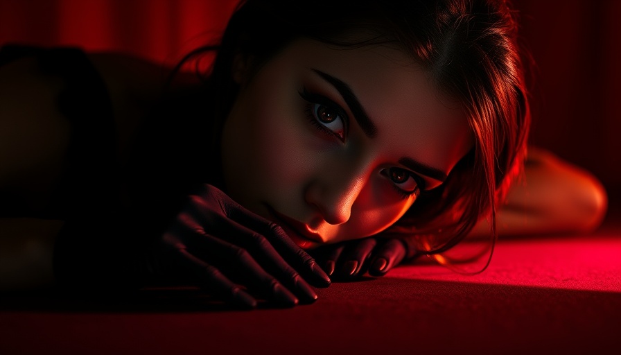 Mysterious woman in dark setting, focusing intently with dramatic lighting.
