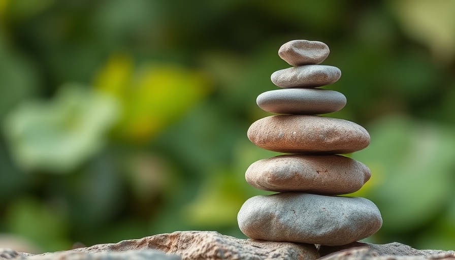 Balanced stones symbolizing Nine Attitudes of Mindfulness, serene setting.