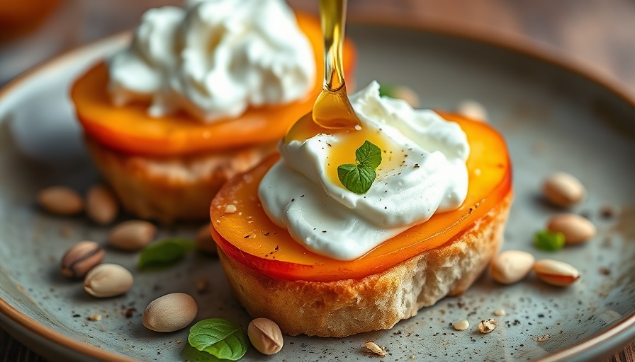 Peach crostini with whipped cottage cheese drizzled with honey.