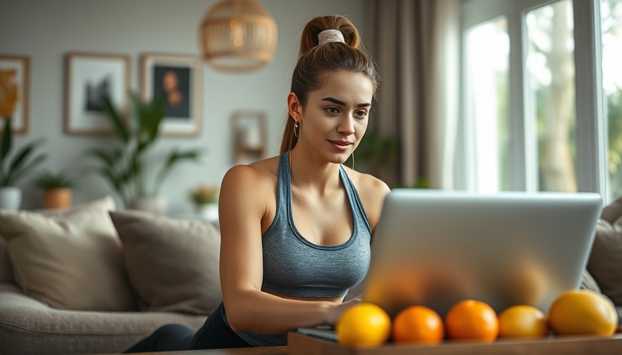 Athletic woman working at a laptop in a cozy living room, Hitting 10K steps daily for desk workers.