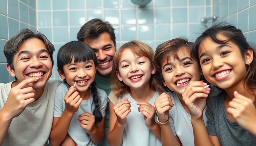 Smiling family in bathroom discussing flossing routine, how often should I floss.