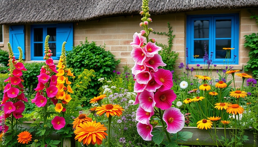 Charming cottage garden with vibrant hollyhocks showcasing Yutori Gardening.