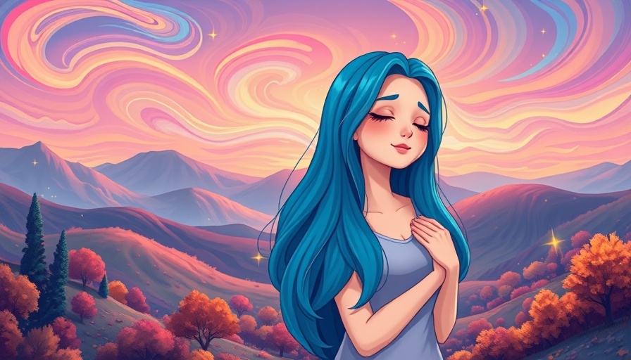 Whimsical illustration of serene woman with hand on heart expressing emotional healing.