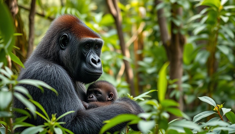 Gorilla with baby in DRC rainforest highlighting oil and gas impact.