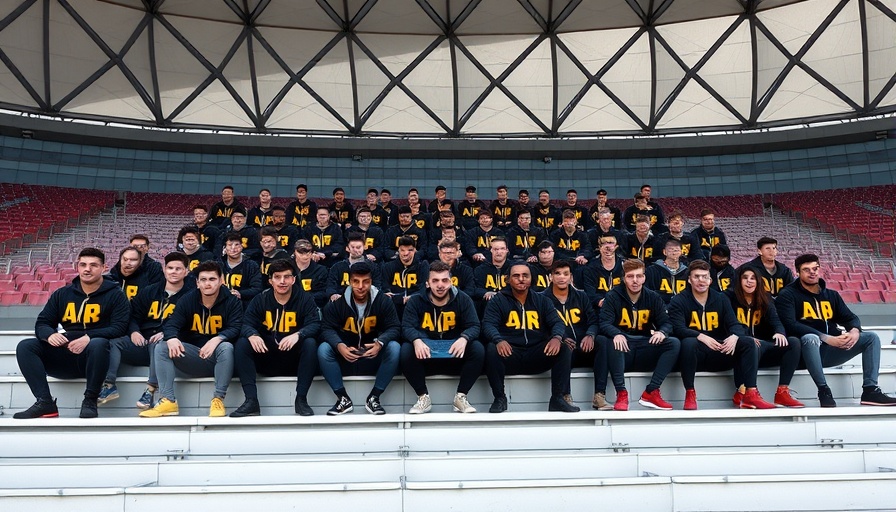 Team in black hoodies sitting on stadium steps, highlighting collaboration.