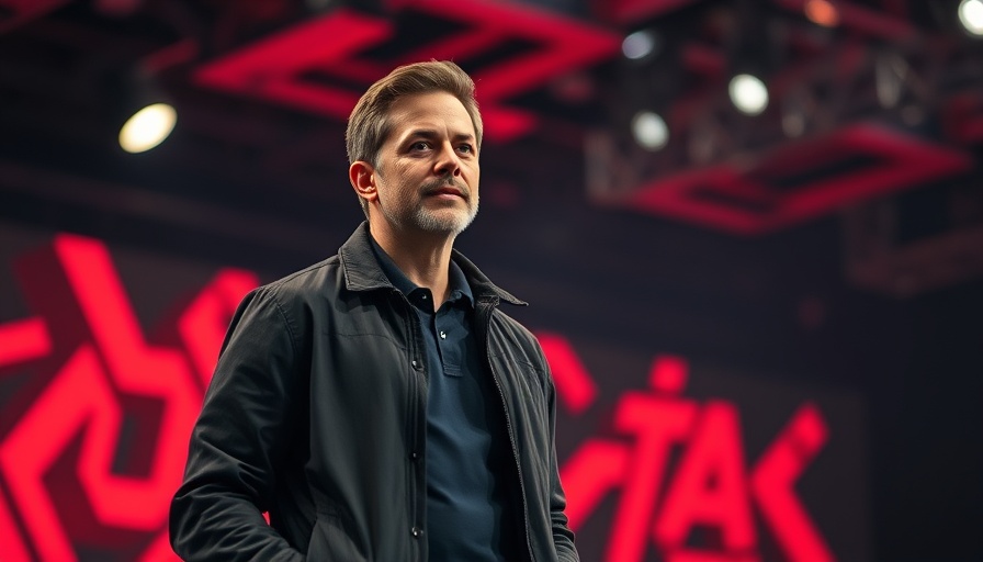 Speaker discussing AI technology on stage with dynamic red backdrop.