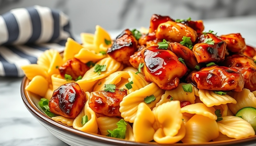 Teriyaki chicken and bowtie pasta salad in elegant bowl.