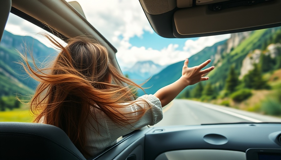 Woman experiencing happiness and personal growth on a scenic mountain drive.