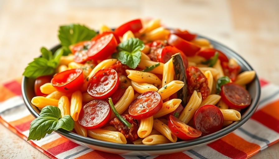 Delicious pepperoni pasta salad recipe in a white bowl on a striped napkin.