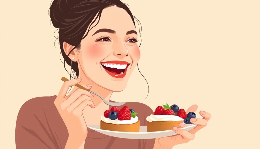 Happy woman enjoying dessert with berries, feeling good.