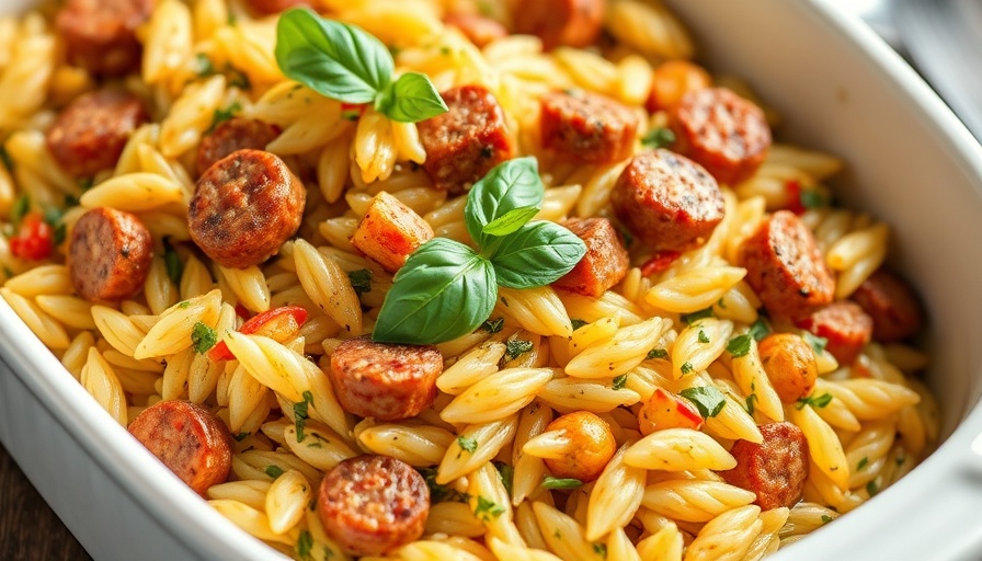 Delicious zucchini sausage baked orzo with basil and cheese.