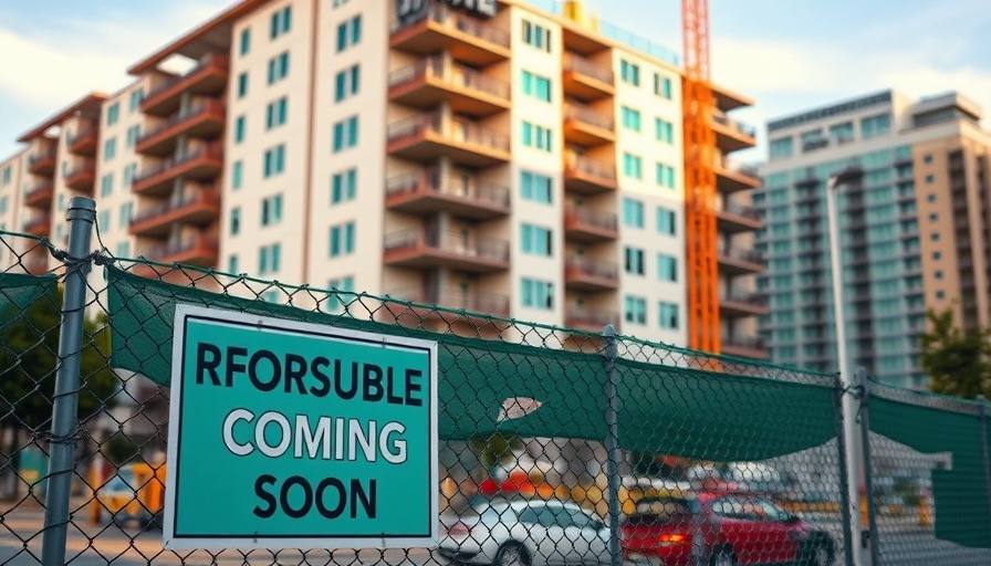 Urban construction site with affordable housing sign promoting electric new buildings.