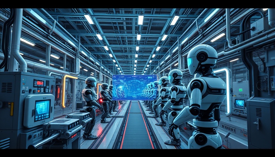 Futuristic robotic assembly line indicating ISO/IEC 42001 certification for responsible AI.