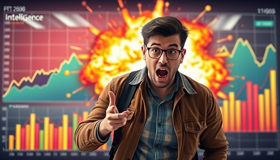 Shocked man examines intelligence explosion graph; self improving AI theme.