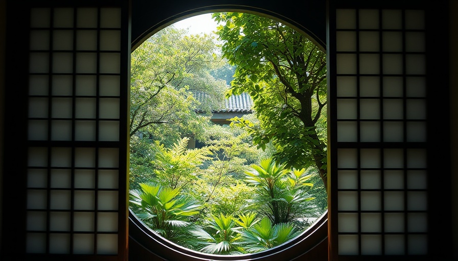 Lush garden view through circular window with shoji screens