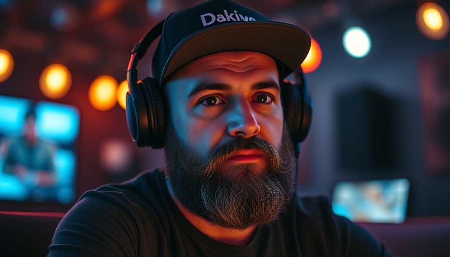 Man in hat and headphones with text overlay, dim lighting.