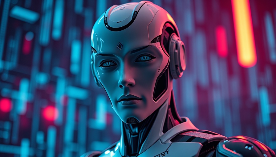 Futuristic robot with advanced AI design, set against a digital neon backdrop.