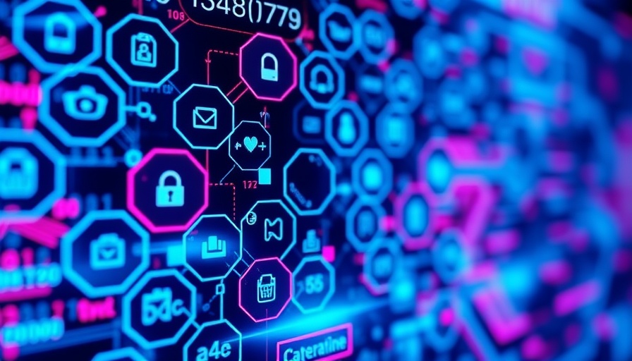 Digital cybersecurity tool sprawl with hexagonal icons and code.