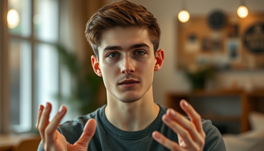 Young man discussing Photoshop AI features in cozy setting.
