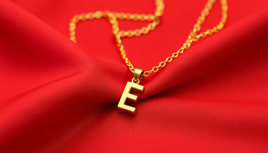 Elegant gold necklace with E charm on red fabric, soft lighting.