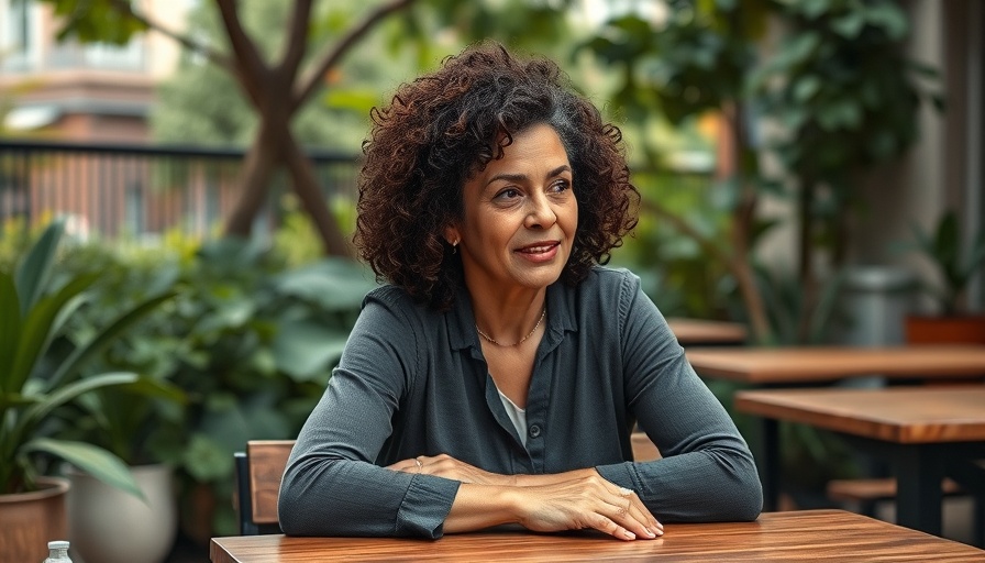 Middle-aged woman sitting contently at outdoor table, green foliage background.