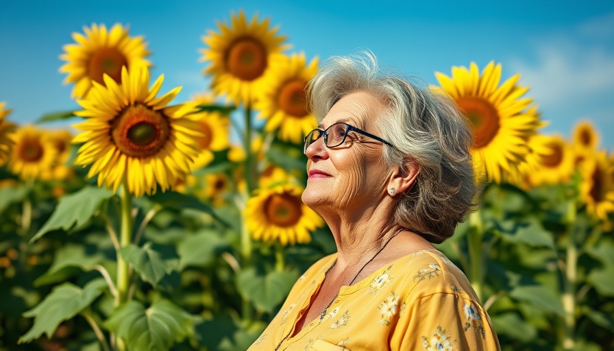 Elderly woman enjoying a sunflower garden in a women-only senior community.
