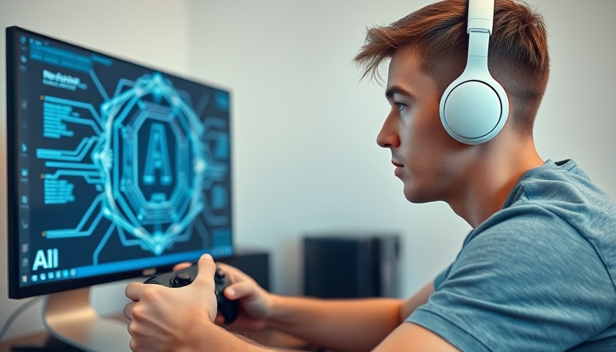Young man gaming with AI symbol on screen, AI Art in Diablo Immortal.