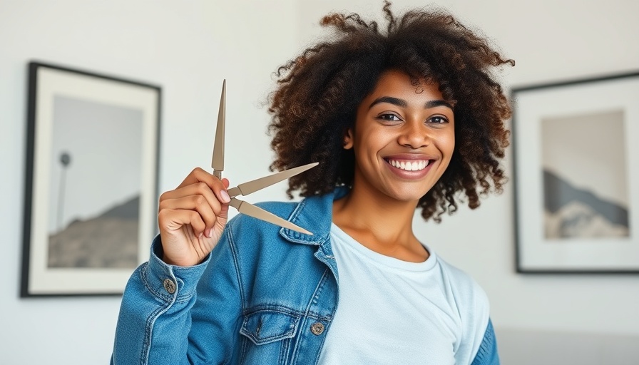 Cheerful young woman with curly hair holding scissors, mastering hair maintenance.