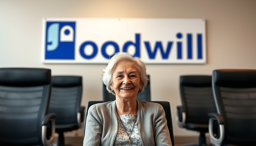 Goodwill Industries office with smiling woman by sign.