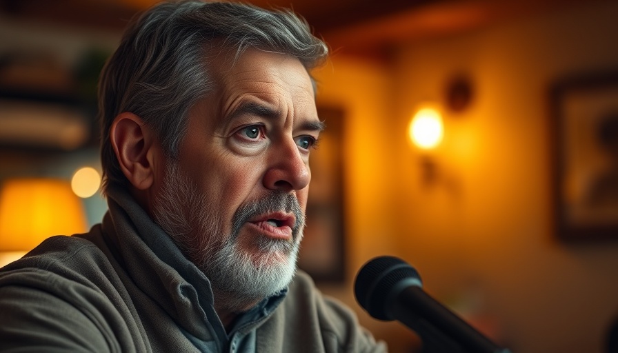 Mature man discussing AI disruptions into microphone, cozy setup