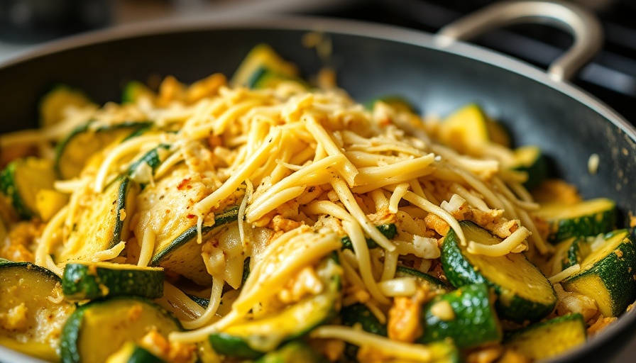 Cheesy Zucchini Stir Fry in a Pan, close-up with melted cheese.
