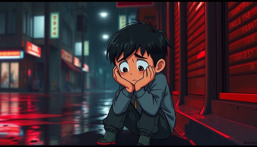 Emotional cartoon of distressed youth in rain, pediatric mental health ER boarding.
