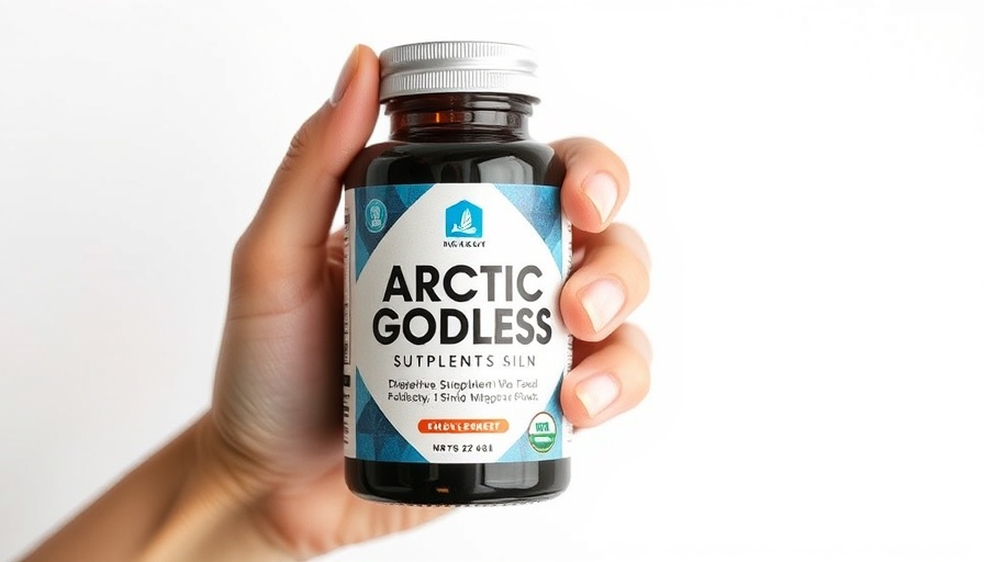 Arctic Goddess supplement bottle held by a hand in a studio setting.