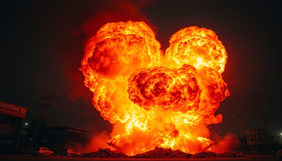 Fiery explosion with billowing flames and smoke in night sky.