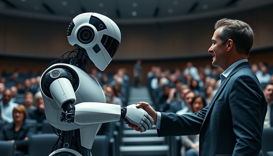 Apple AI robot Siri shakes hands with executive at futuristic event.