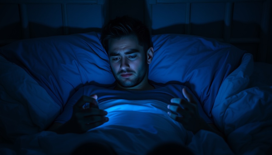 Man affected by blue light from phone disrupting sleep.