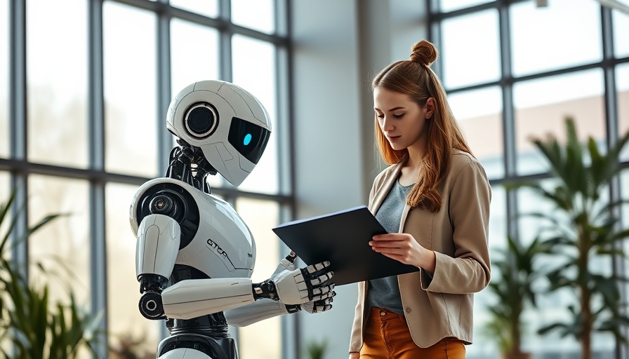 AI readability checker without word limits, robot and woman in office collaborating.