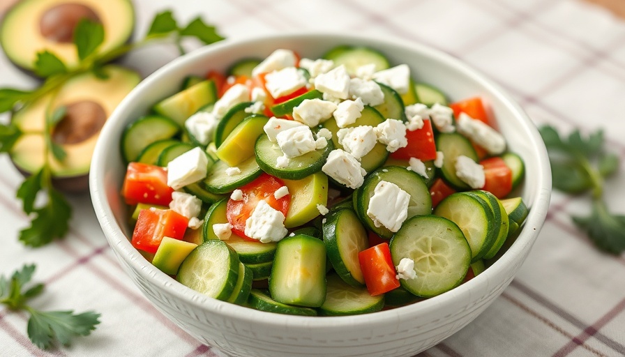 Cucumber avocado salad with feta cheese in a white bowl on plaid tablecloth.