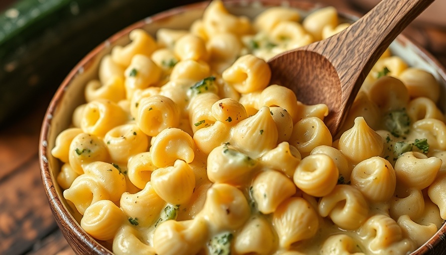 Healthy zucchini mac and cheese in a skillet with a wooden spoon.