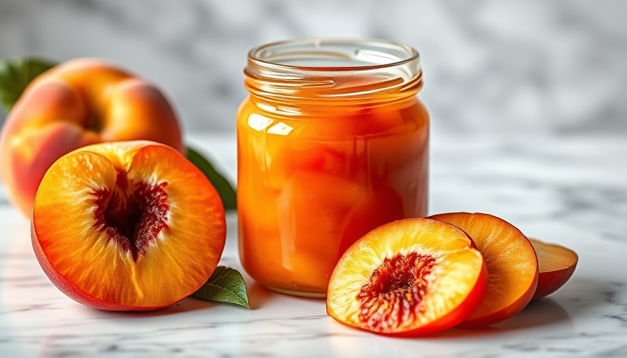Peach jam jar with sliced peaches on white surface.